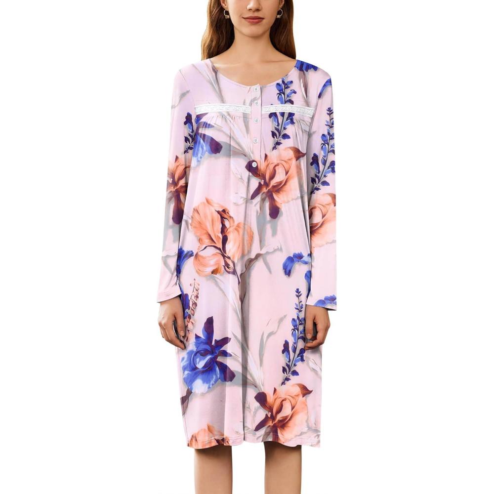 imageEkouaer Nightgowns for Women Long Sleeve Sleepshirt Button Nightshirt Floral Sleepwear Night Dress with Pockets SXXXLWhite Blue Floral