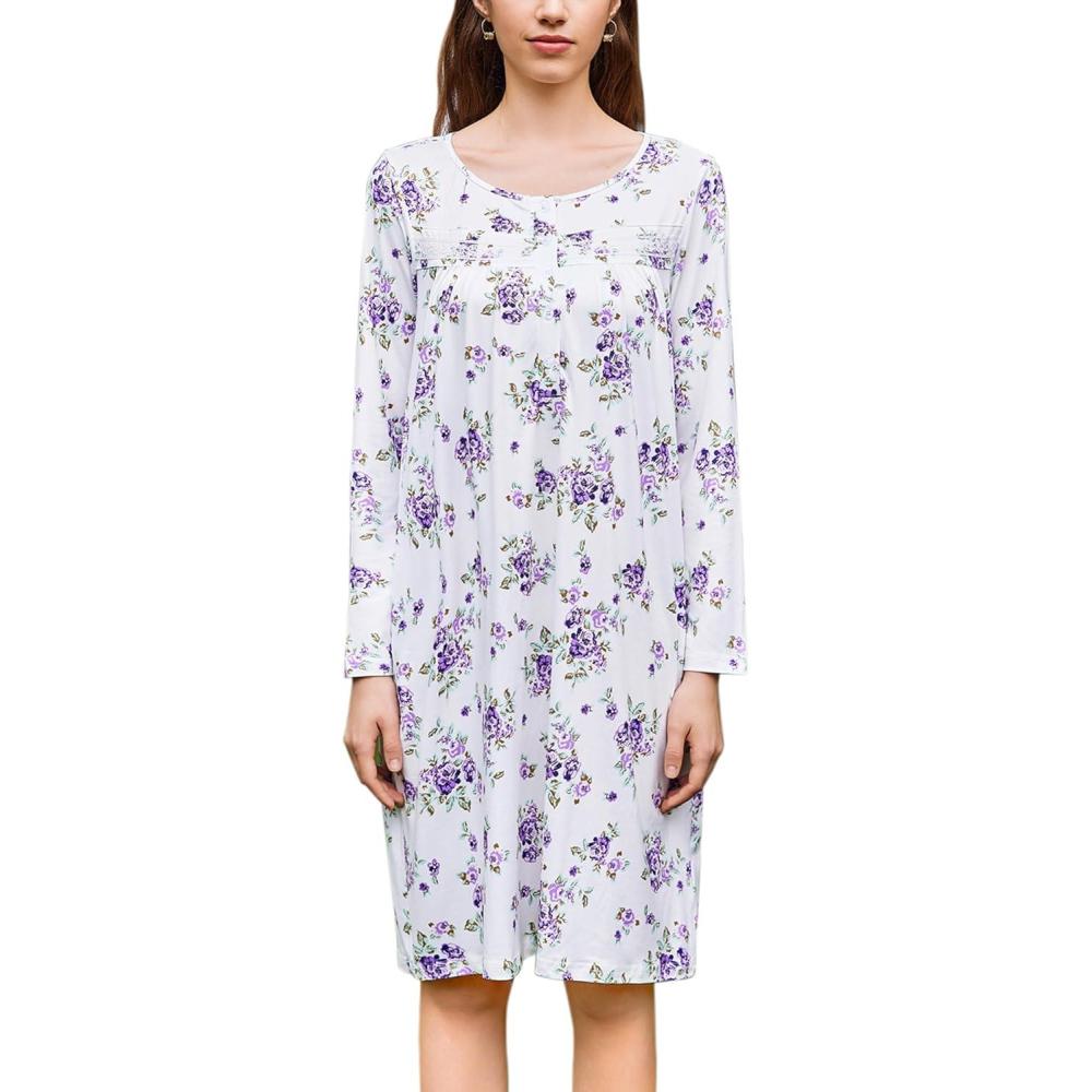 imageEkouaer Nightgowns for Women Long Sleeve Sleepshirt Button Nightshirt Floral Sleepwear Night Dress with Pockets SXXXLWhite Purple Floral