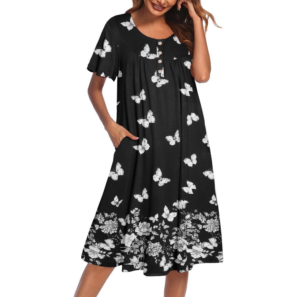 imageEkouaer Nightgowns for Women Short Sleeve House Dress with Pockets Floral Print Mumu DressButterfly Black