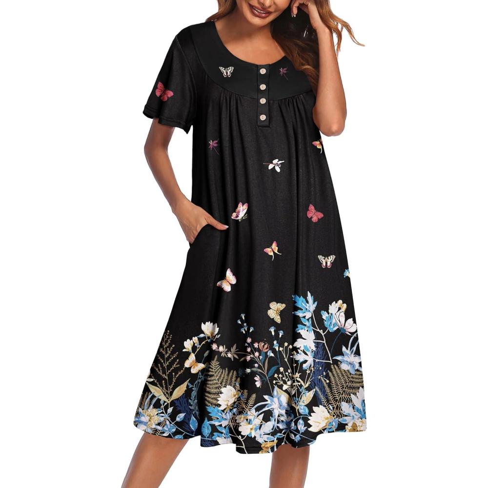 imageEkouaer Nightgowns for Women Short Sleeve House Dress with Pockets Floral Print Mumu DressColorful Butterfly Black