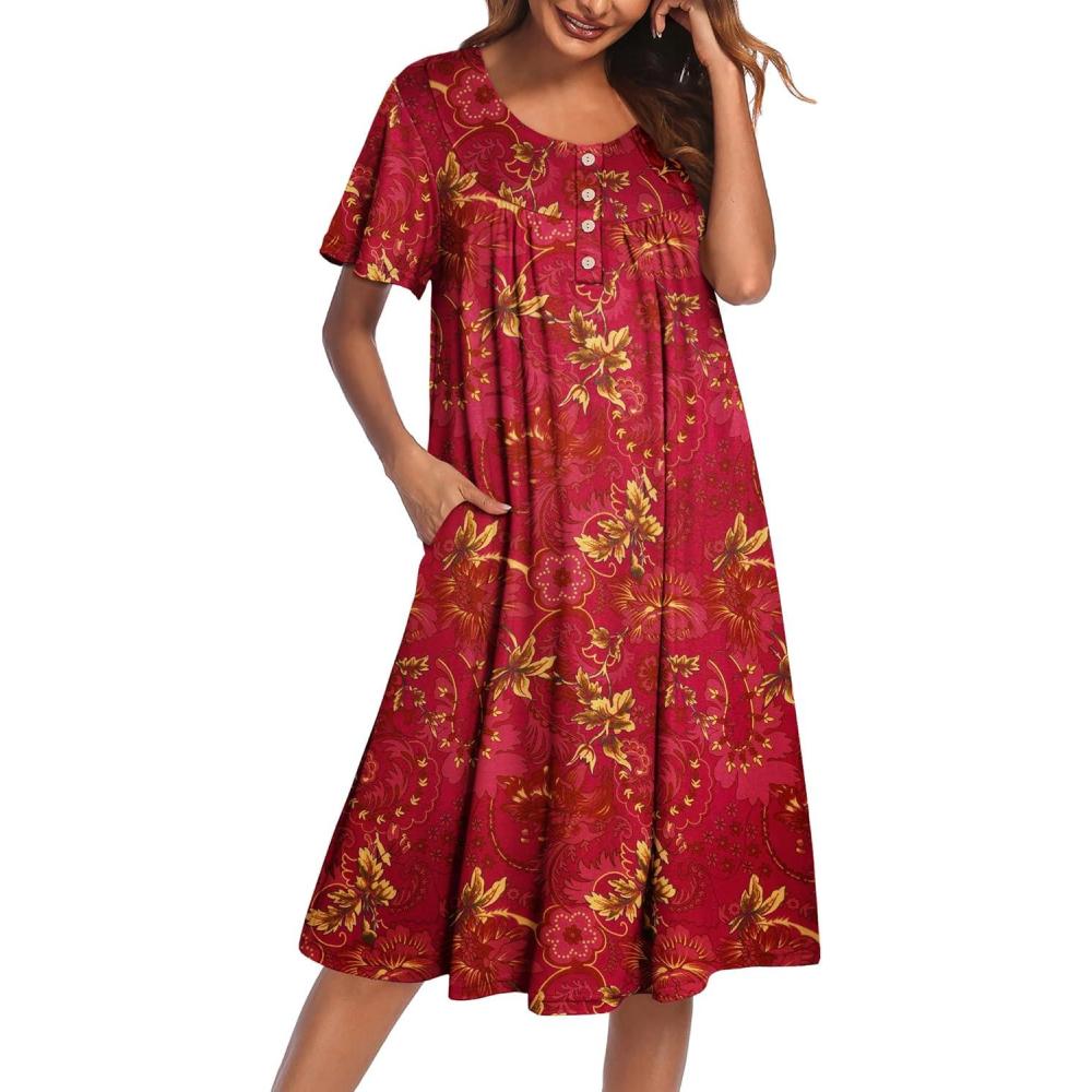 imageEkouaer Nightgowns for Women Short Sleeve House Dress with Pockets Floral Print Mumu DressFloral Dark Red
