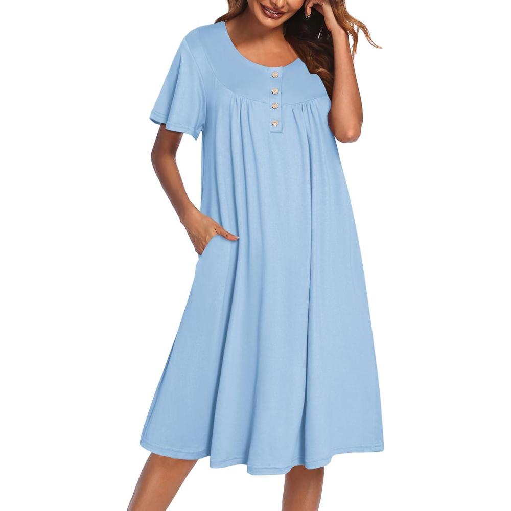 imageEkouaer Nightgowns for Women Short Sleeve House Dress with Pockets Floral Print Mumu DressLignt Blue