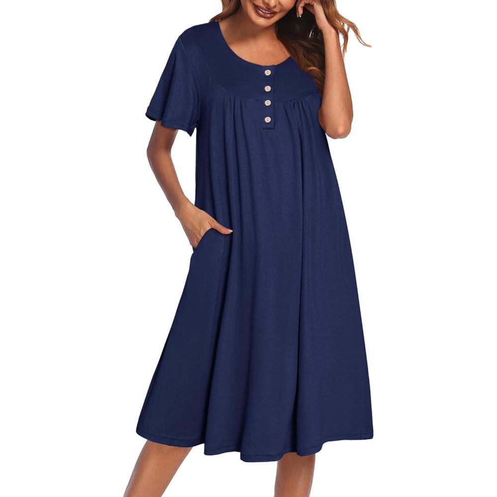 imageEkouaer Nightgowns for Women Short Sleeve House Dress with Pockets Floral Print Mumu DressNavy Blue