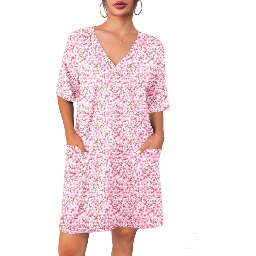 imageEkouaer Nightgowns for Women Short Sleeve Sleep Shirt V Neck Night Gown With Pockets Soft Pajamas Dress Casual SleepwearFloral Pink