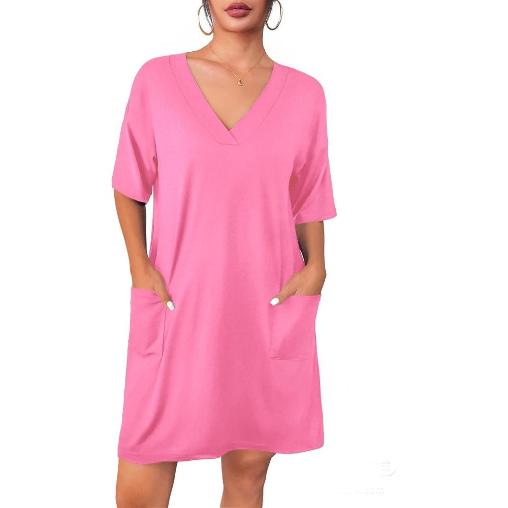 imageEkouaer Nightgowns for Women Short Sleeve Sleep Shirt V Neck Night Gown With Pockets Soft Pajamas Dress Casual SleepwearHot Pink
