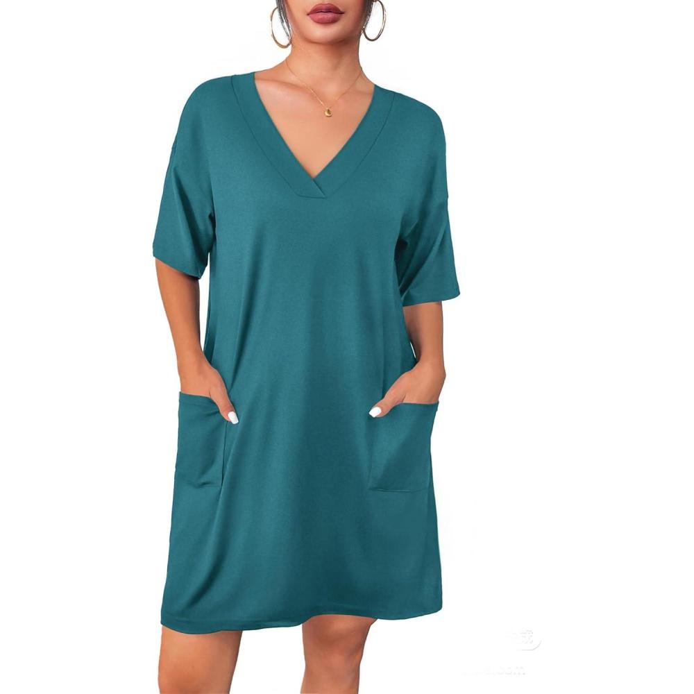 imageEkouaer Nightgowns for Women Short Sleeve Sleep Shirt V Neck Night Gown With Pockets Soft Pajamas Dress Casual SleepwearPeacock Blue