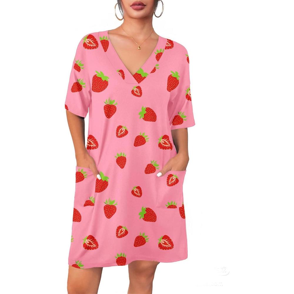 imageEkouaer Nightgowns for Women Short Sleeve Sleep Shirt V Neck Night Gown With Pockets Soft Pajamas Dress Casual SleepwearPink Strawberry
