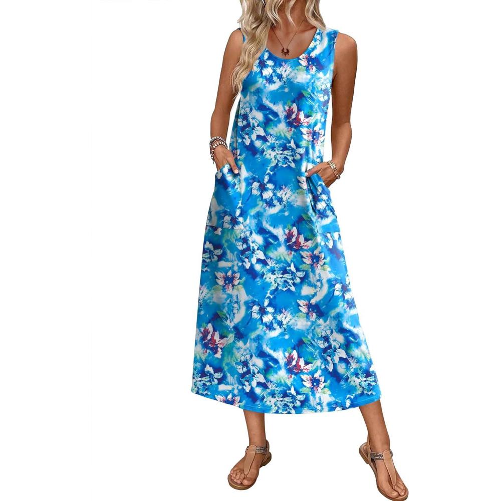 imageEkouaer Nightgowns for Women Sleeveless Sleepshirt Long Print House Dress Tank Nightshirt Maxi Casual Dress with PocketsBlue Multi Flowers