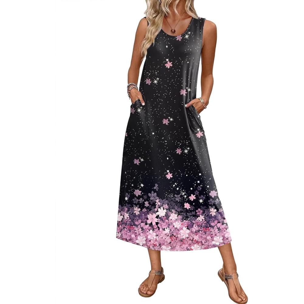 imageEkouaer Nightgowns for Women Sleeveless Sleepshirt Long Print House Dress Tank Nightshirt Maxi Casual Dress with PocketsGradient Shiny Flowers