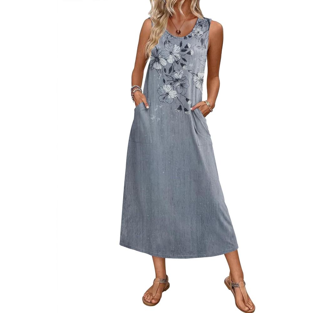 imageEkouaer Nightgowns for Women Sleeveless Sleepshirt Long Print House Dress Tank Nightshirt Maxi Casual Dress with PocketsGray Flower Branches