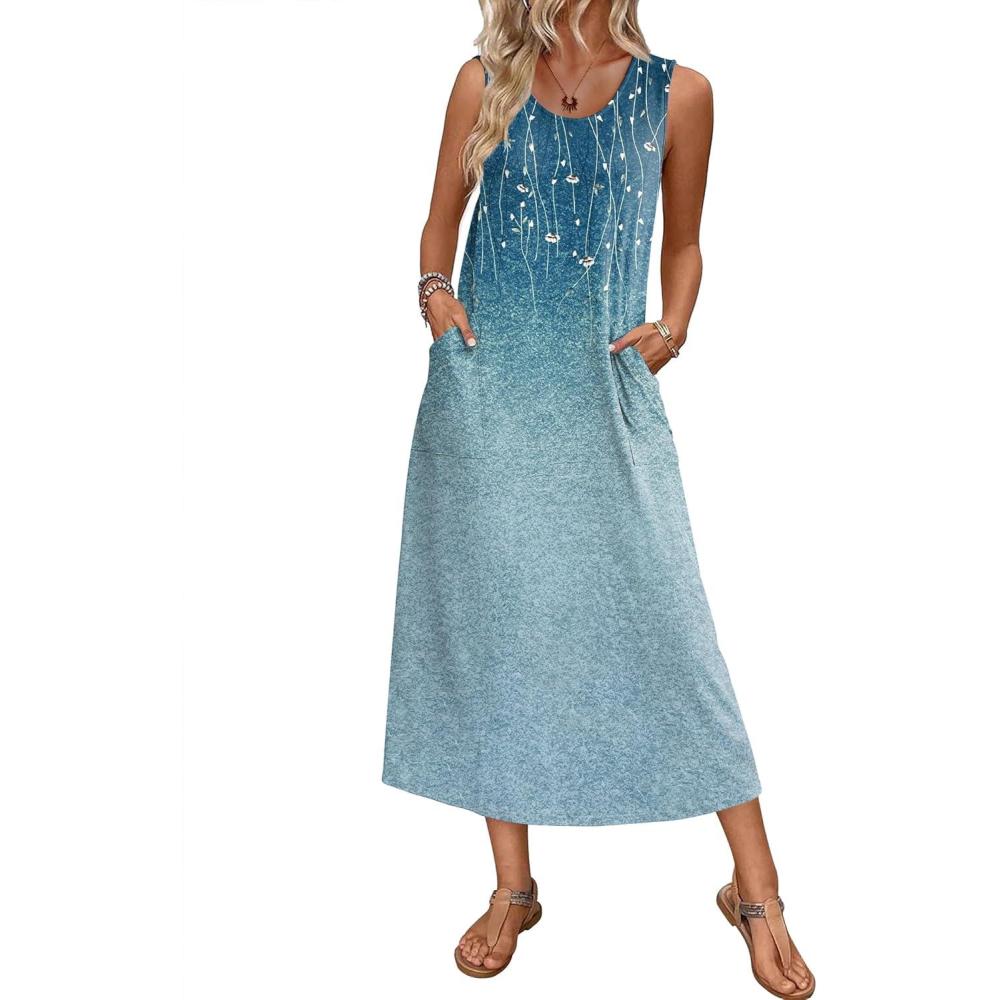 imageEkouaer Nightgowns for Women Sleeveless Sleepshirt Long Print House Dress Tank Nightshirt Maxi Casual Dress with PocketsGreen Flower Branches