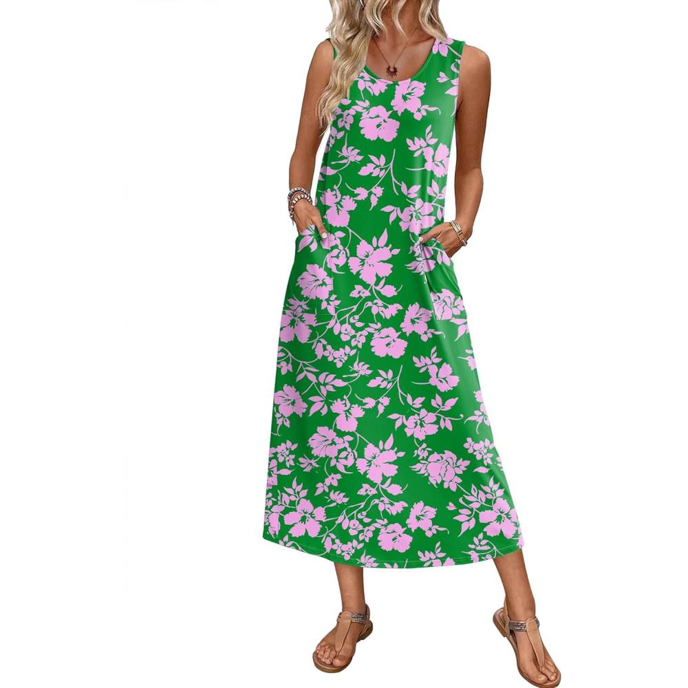 imageEkouaer Nightgowns for Women Sleeveless Sleepshirt Long Print House Dress Tank Nightshirt Maxi Casual Dress with PocketsGreen Silhouettes