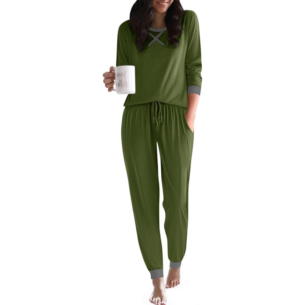 imageEkouaer Pajamas For Women Comfy Long Sleeve Jogger Set Lounge Pjs Set With PocketsArmy Green