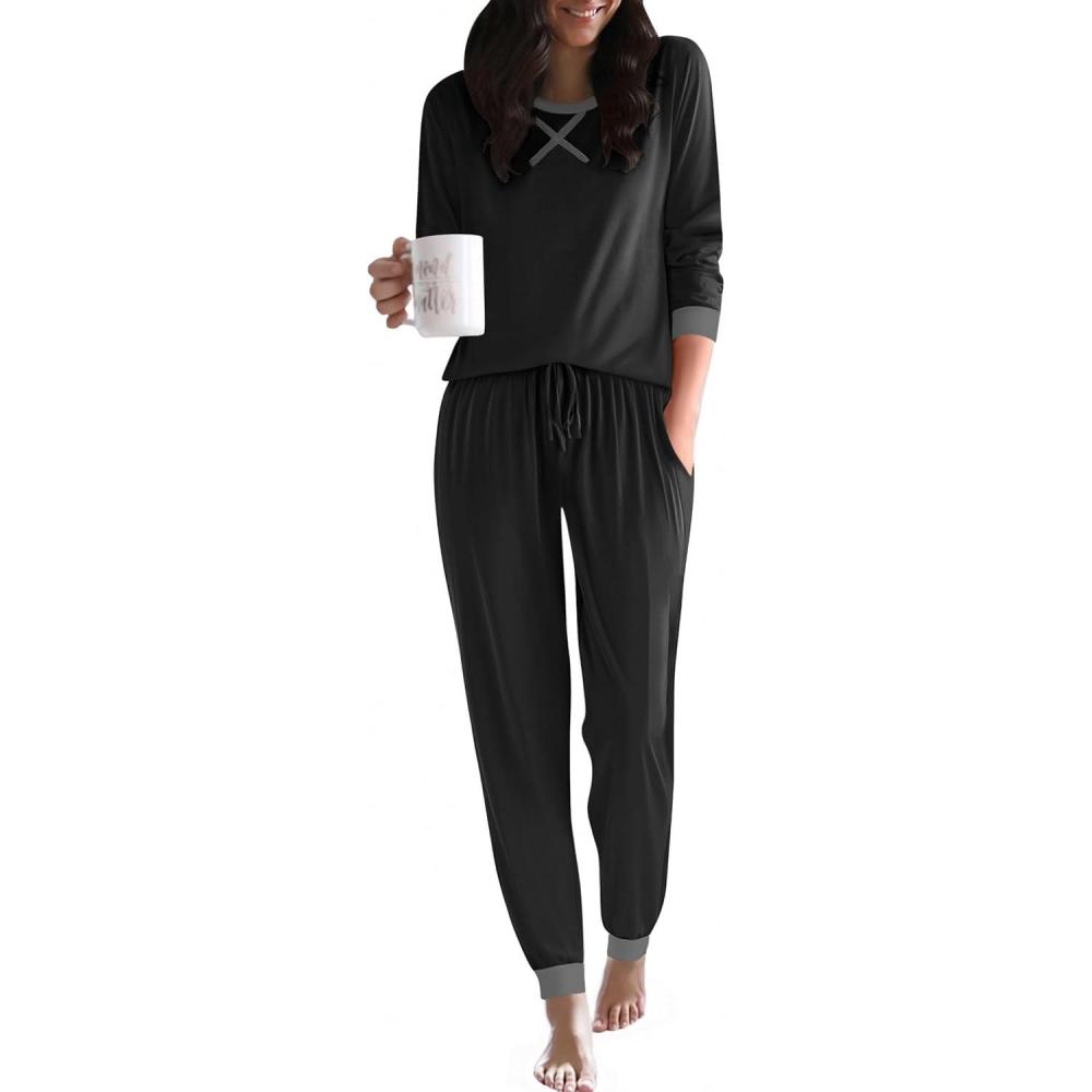 imageEkouaer Pajamas For Women Comfy Long Sleeve Jogger Set Lounge Pjs Set With PocketsBlack
