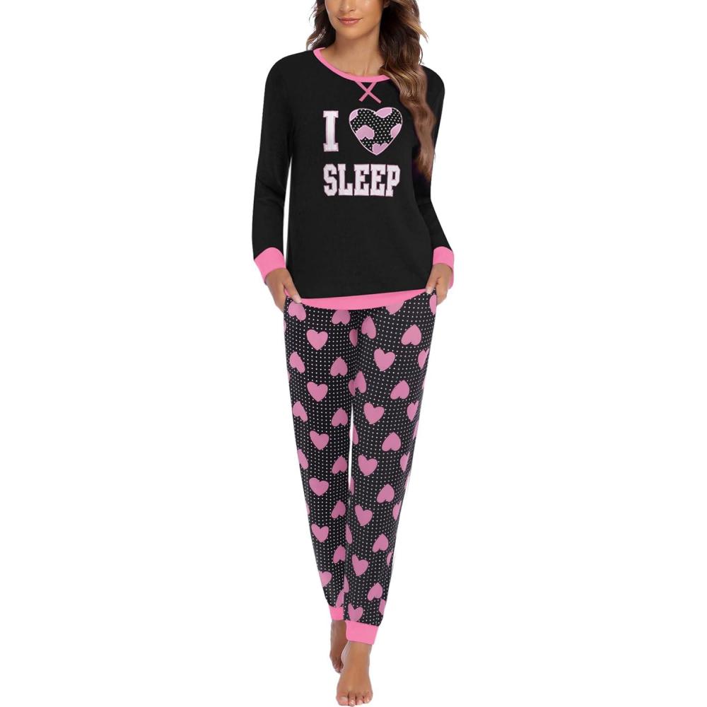 imageEkouaer Pajamas For Women Comfy Long Sleeve Jogger Set Lounge Pjs Set With PocketsBlack Love Heart