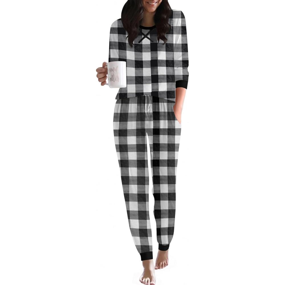 imageEkouaer Pajamas For Women Comfy Long Sleeve Jogger Set Lounge Pjs Set With PocketsBlack White Plaid