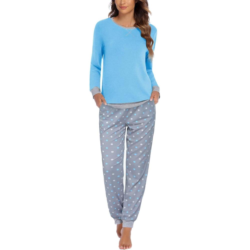 imageEkouaer Pajamas For Women Comfy Long Sleeve Jogger Set Lounge Pjs Set With PocketsBlue Polka Dots