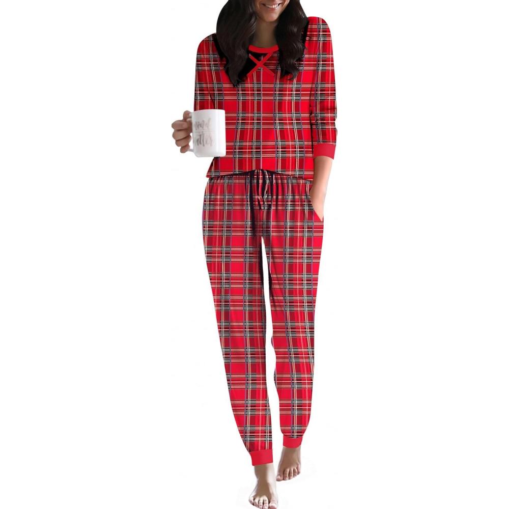 imageEkouaer Pajamas For Women Comfy Long Sleeve Jogger Set Lounge Pjs Set With PocketsChristmas Plaid