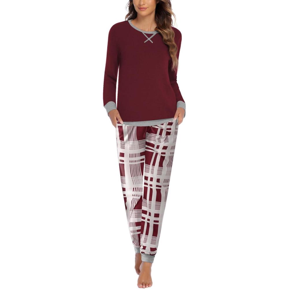 imageEkouaer Pajamas For Women Comfy Long Sleeve Jogger Set Lounge Pjs Set With PocketsClassic Wind Plaid