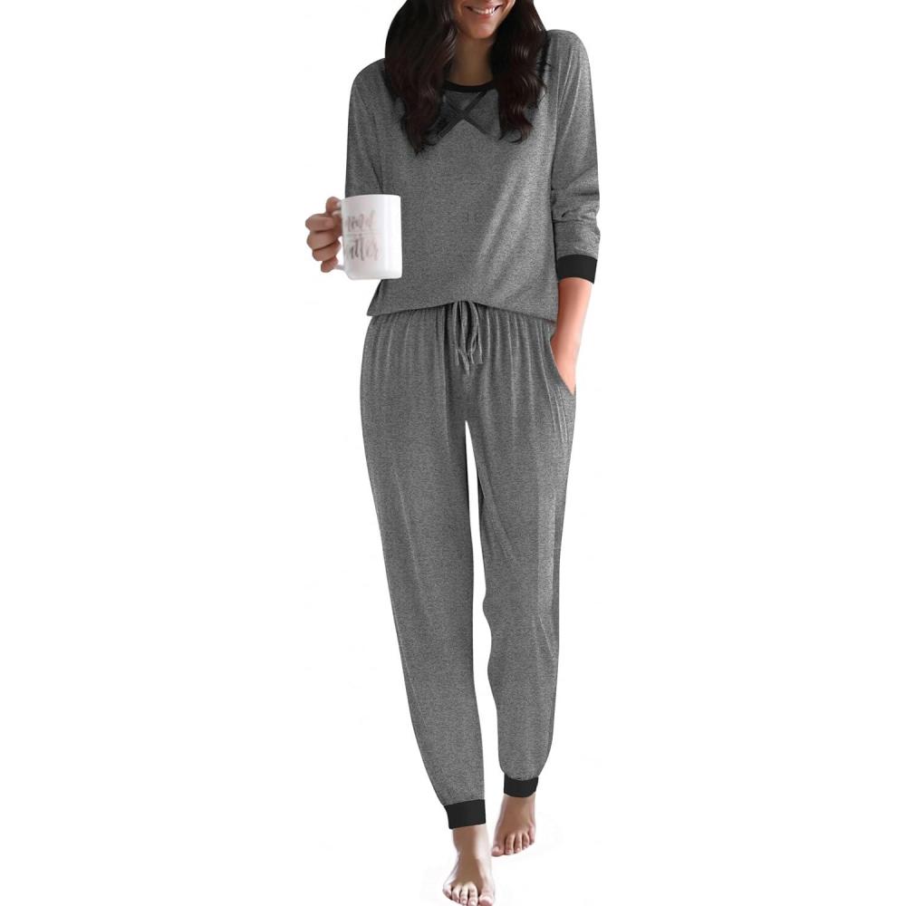 imageEkouaer Pajamas For Women Comfy Long Sleeve Jogger Set Lounge Pjs Set With PocketsDeep Grey