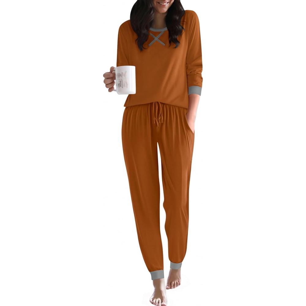 imageEkouaer Pajamas For Women Comfy Long Sleeve Jogger Set Lounge Pjs Set With PocketsEarthy Brown