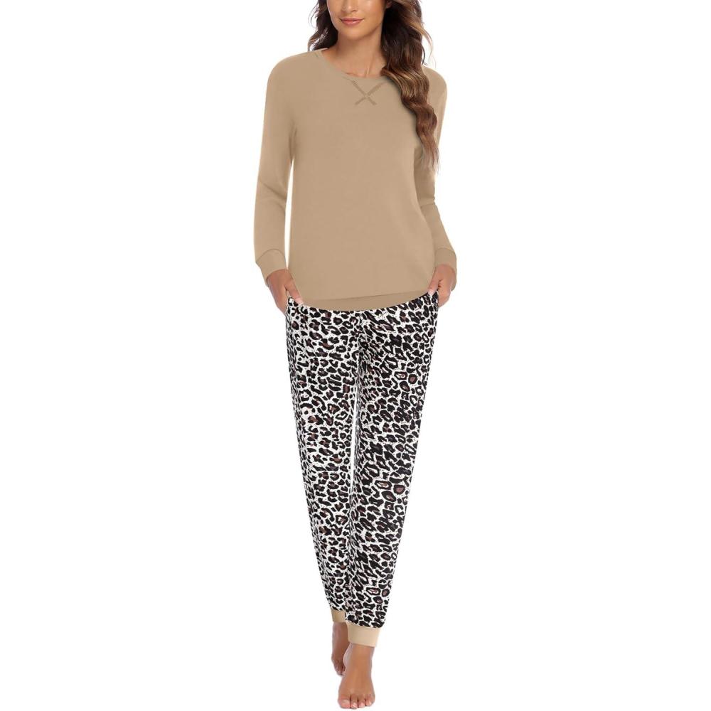 imageEkouaer Pajamas For Women Comfy Long Sleeve Jogger Set Lounge Pjs Set With PocketsLeopard Khaki