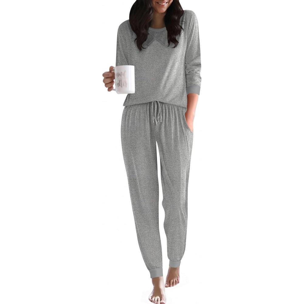 imageEkouaer Pajamas For Women Comfy Long Sleeve Jogger Set Lounge Pjs Set With PocketsLight Grey