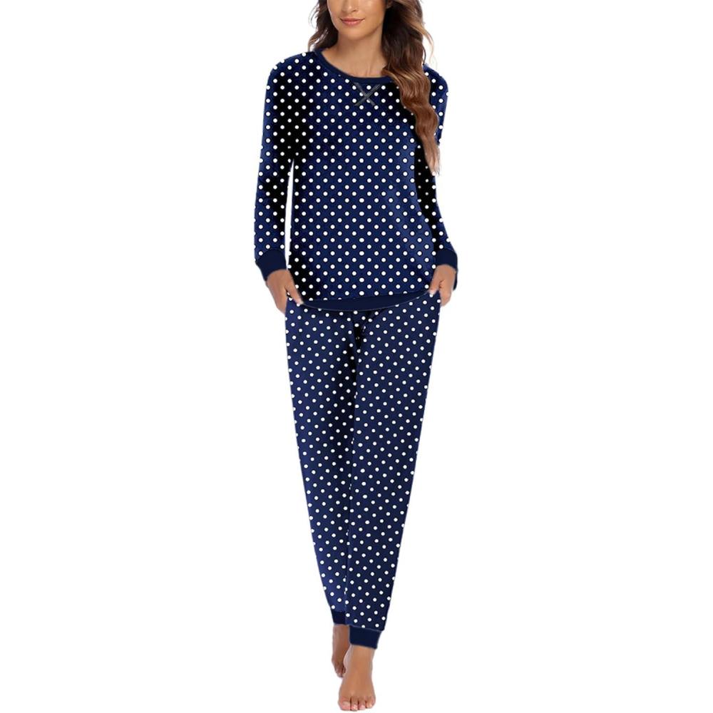 imageEkouaer Pajamas For Women Comfy Long Sleeve Jogger Set Lounge Pjs Set With PocketsNavy Polka Dots