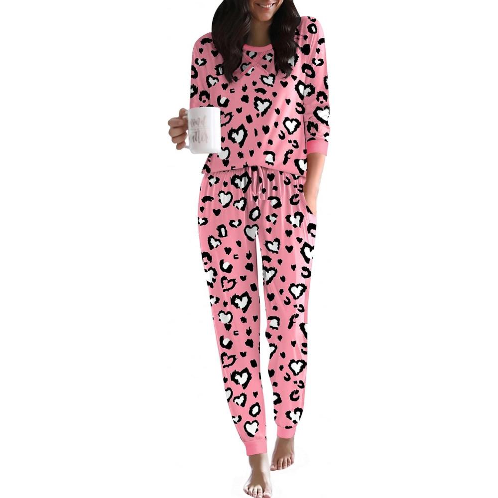imageEkouaer Pajamas For Women Comfy Long Sleeve Jogger Set Lounge Pjs Set With PocketsPink Leopard