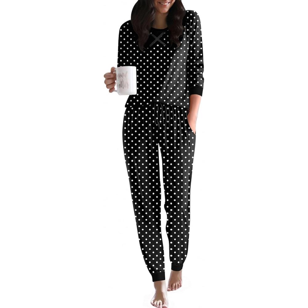 imageEkouaer Pajamas For Women Comfy Long Sleeve Jogger Set Lounge Pjs Set With PocketsPolka Dotsblack