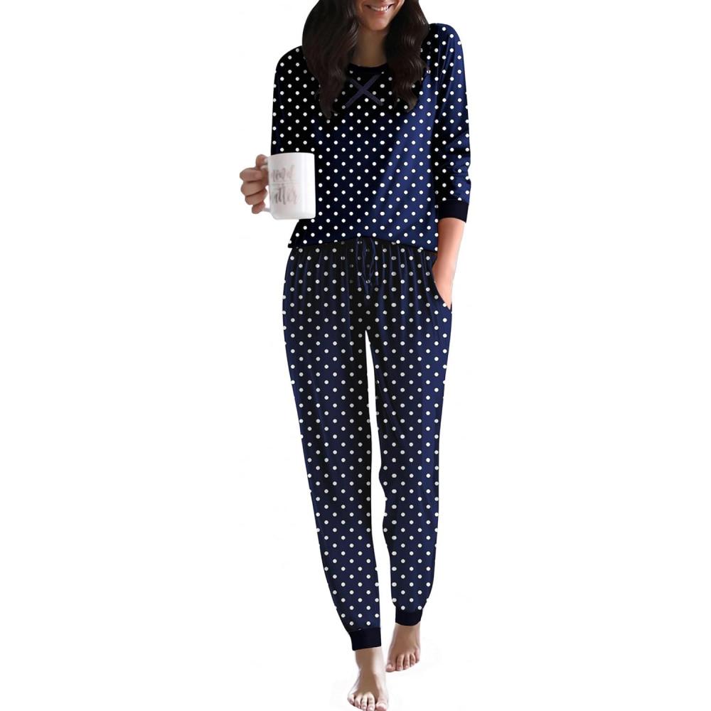 imageEkouaer Pajamas For Women Comfy Long Sleeve Jogger Set Lounge Pjs Set With PocketsPolka Dotsnavy Blue