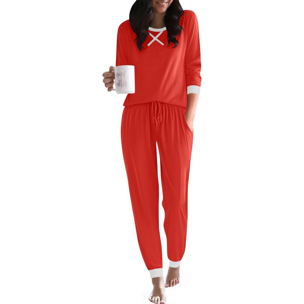 imageEkouaer Pajamas For Women Comfy Long Sleeve Jogger Set Lounge Pjs Set With PocketsRed