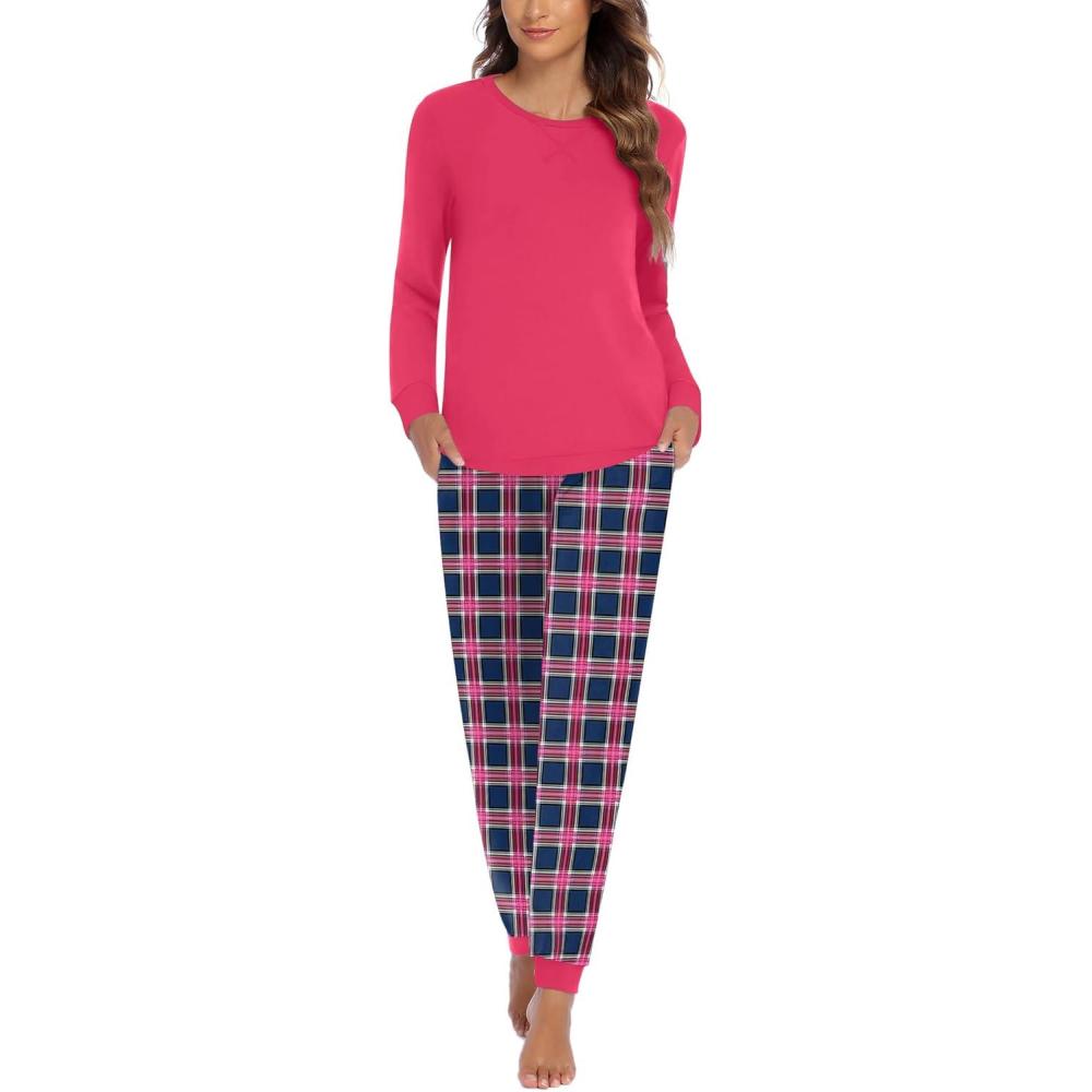 imageEkouaer Pajamas For Women Comfy Long Sleeve Jogger Set Lounge Pjs Set With PocketsRose Plaid