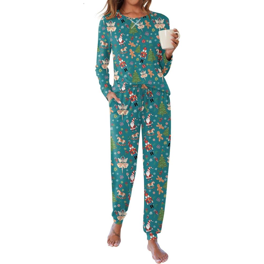 imageEkouaer Pajamas For Women Comfy Long Sleeve Jogger Set Lounge Pjs Set With PocketsSanta Claus Head