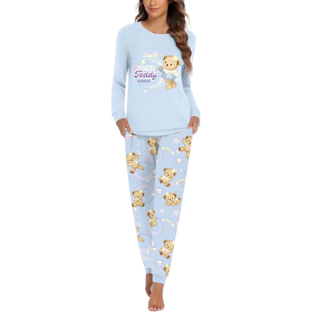 imageEkouaer Pajamas For Women Comfy Long Sleeve Jogger Set Lounge Pjs Set With PocketsTeddyblue