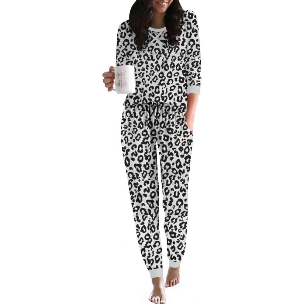 imageEkouaer Pajamas For Women Comfy Long Sleeve Jogger Set Lounge Pjs Set With PocketsWhite Leopard