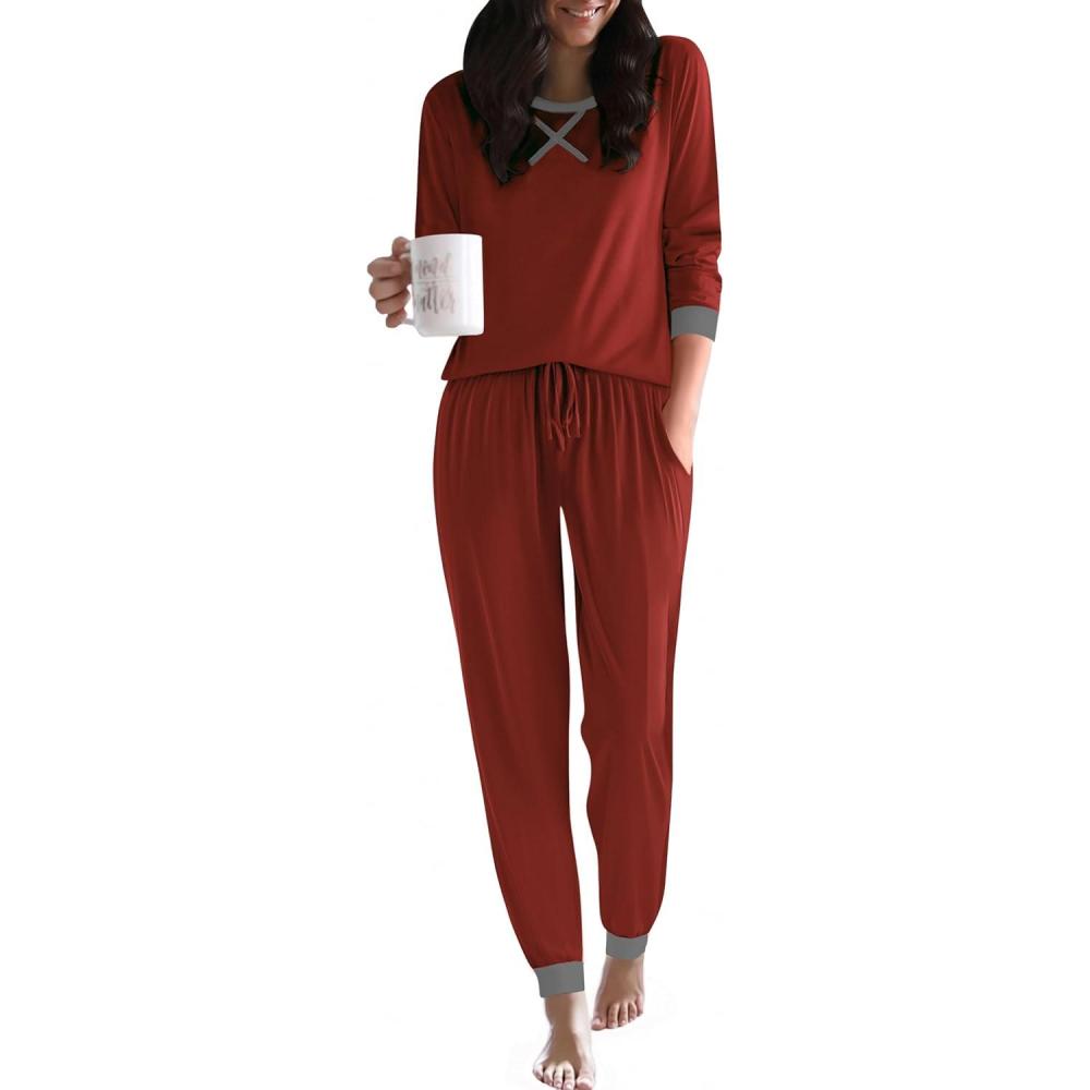 imageEkouaer Pajamas For Women Comfy Long Sleeve Jogger Set Lounge Pjs Set With PocketsWind Red