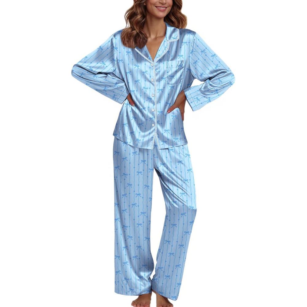 imageEkouaer Pajamas For Women Set Silk Pjs 2 Piece Satin Sleepwear Long Sleeve Button Down Lounge Sets With PantBlue Bow Stripe