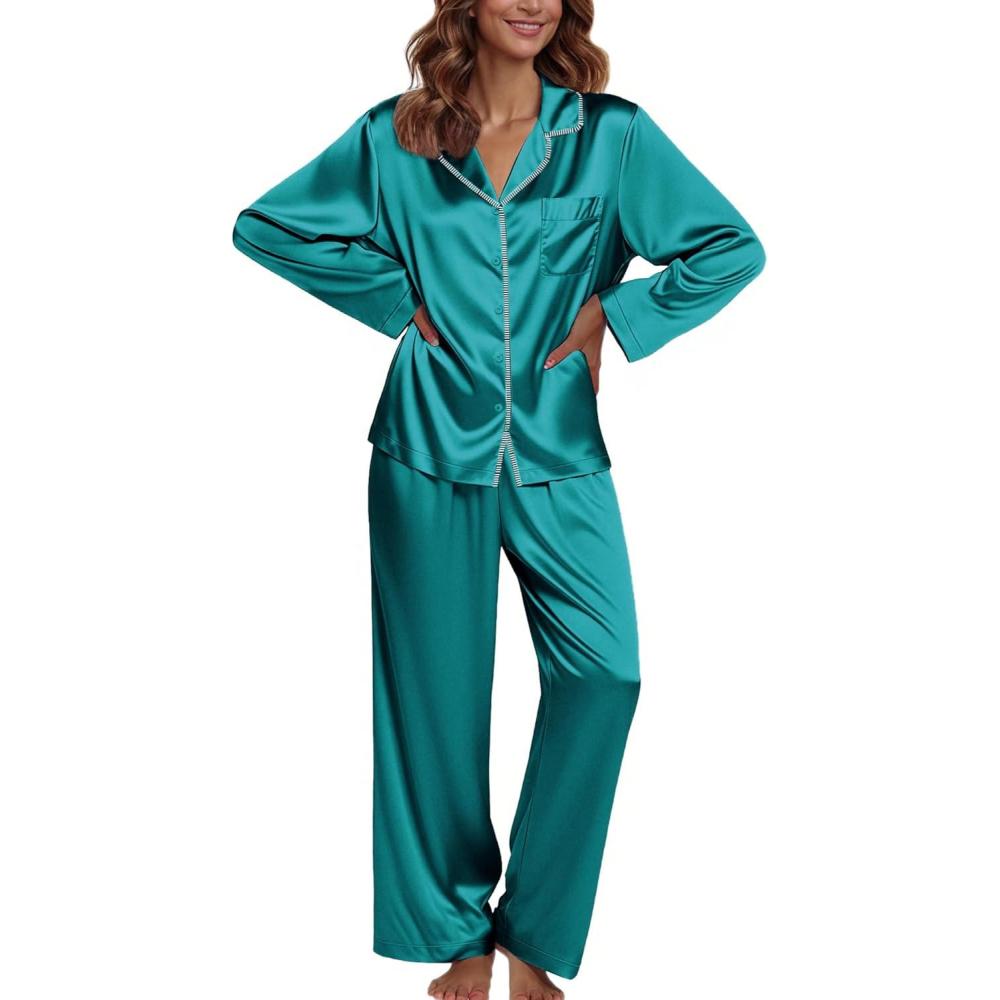 imageEkouaer Pajamas For Women Set Silk Pjs 2 Piece Satin Sleepwear Long Sleeve Button Down Lounge Sets With PantBlue Green