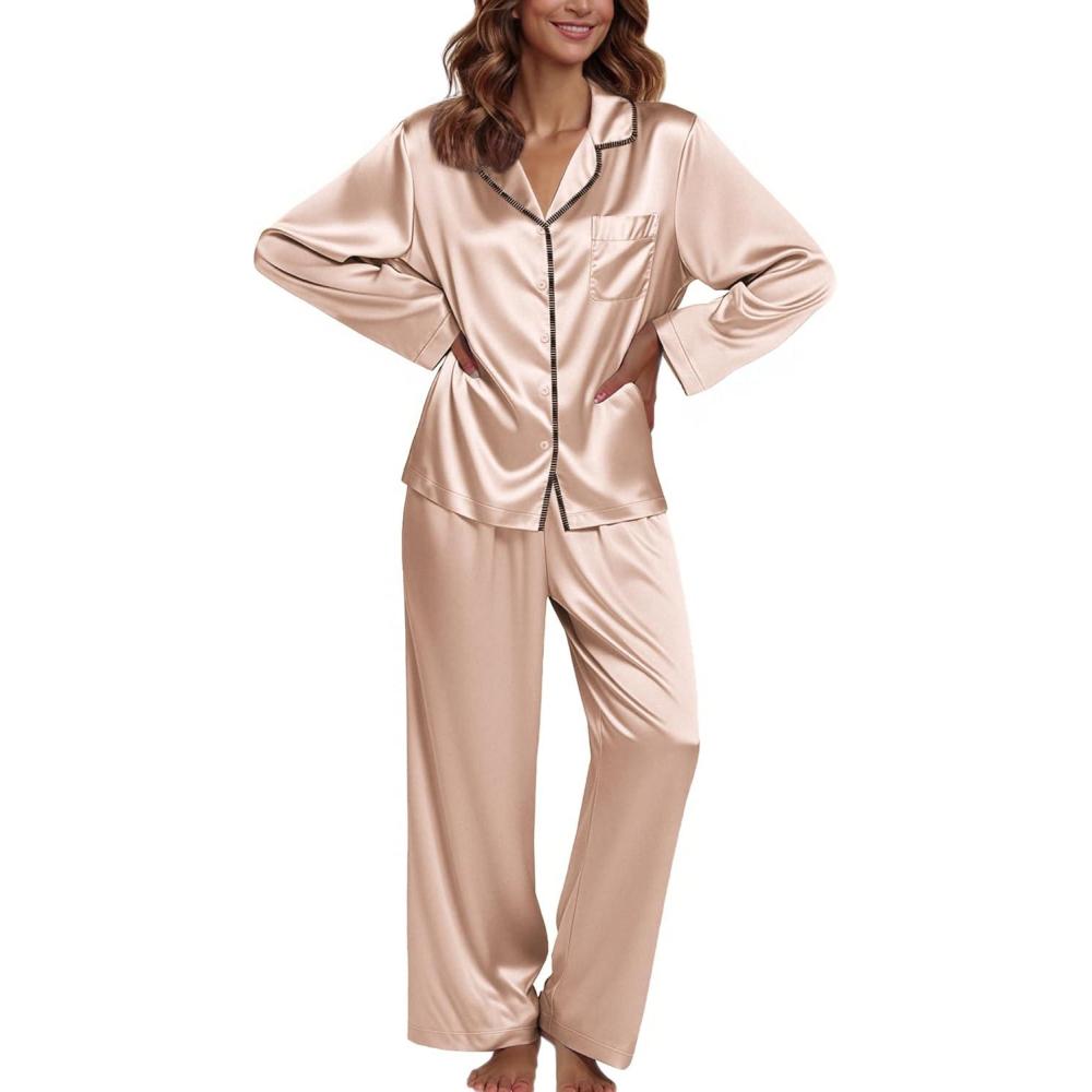 imageEkouaer Pajamas For Women Set Silk Pjs 2 Piece Satin Sleepwear Long Sleeve Button Down Lounge Sets With PantChampagne