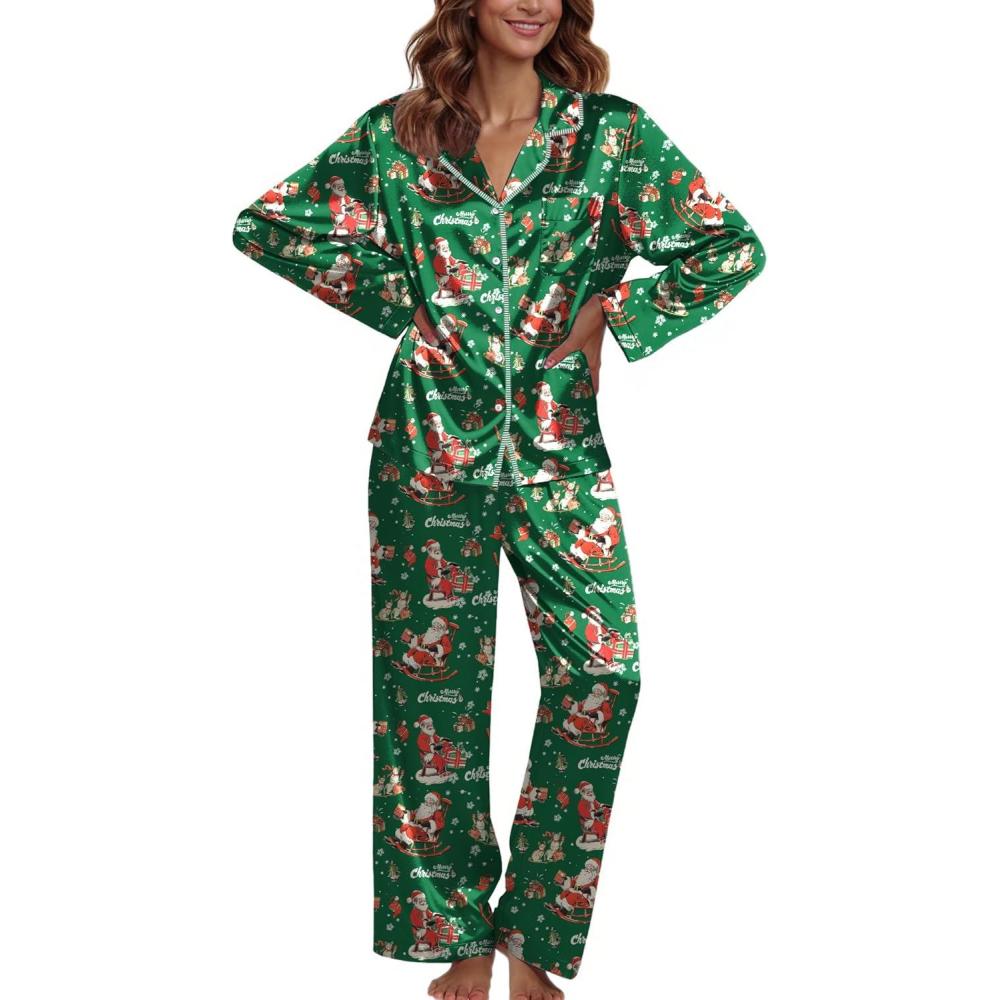 imageEkouaer Pajamas For Women Set Silk Pjs 2 Piece Satin Sleepwear Long Sleeve Button Down Lounge Sets With PantChristmas Green