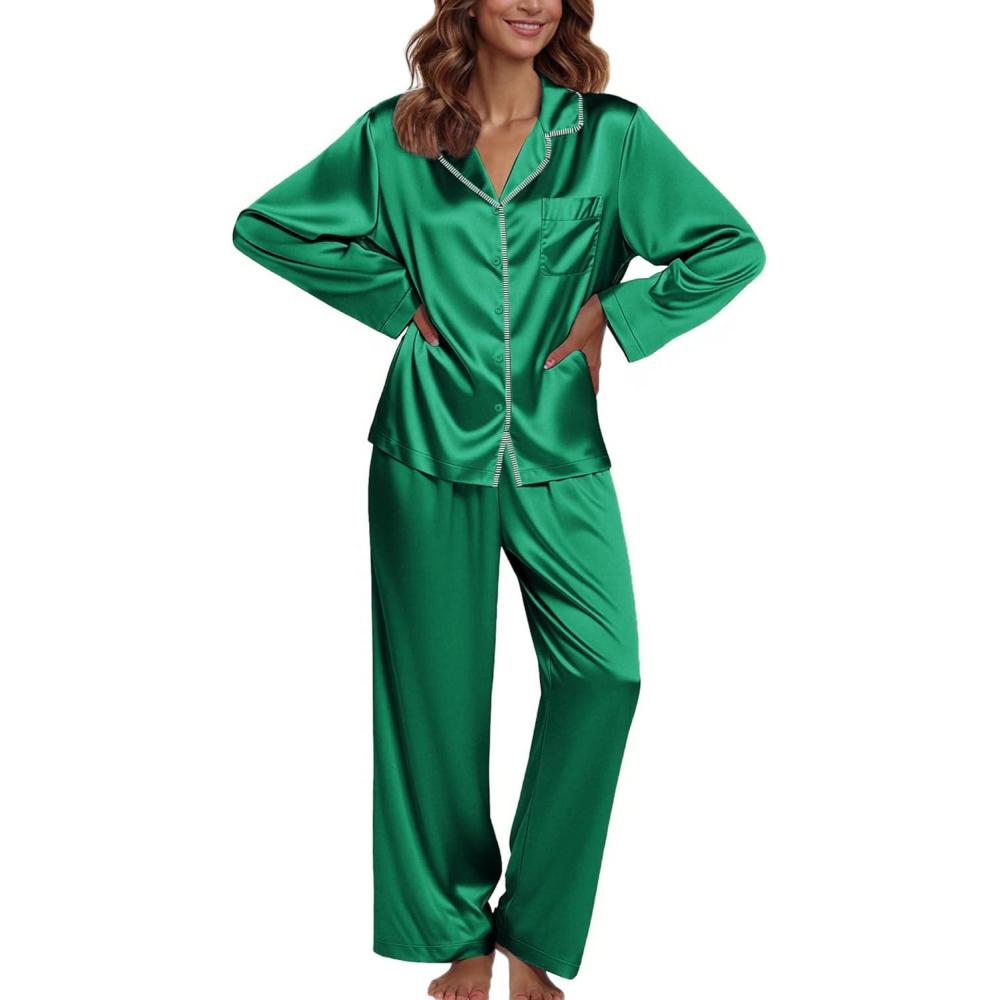 imageEkouaer Pajamas For Women Set Silk Pjs 2 Piece Satin Sleepwear Long Sleeve Button Down Lounge Sets With PantGreen