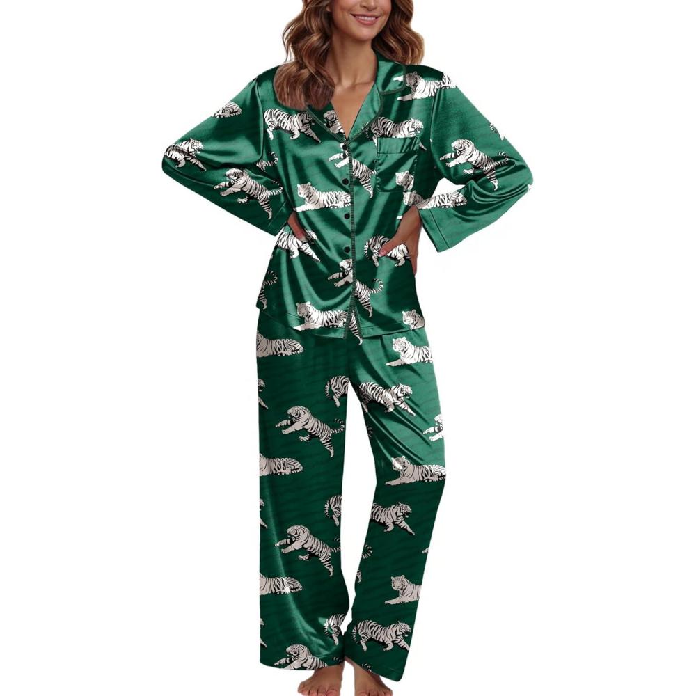 imageEkouaer Pajamas For Women Set Silk Pjs 2 Piece Satin Sleepwear Long Sleeve Button Down Lounge Sets With PantGreen With Tiger