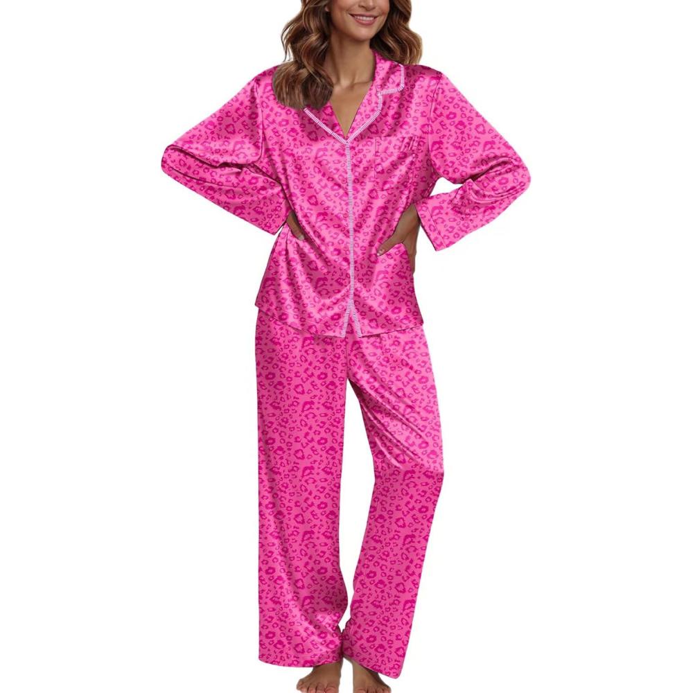 imageEkouaer Pajamas For Women Set Silk Pjs 2 Piece Satin Sleepwear Long Sleeve Button Down Lounge Sets With PantLeopard Hot Pink