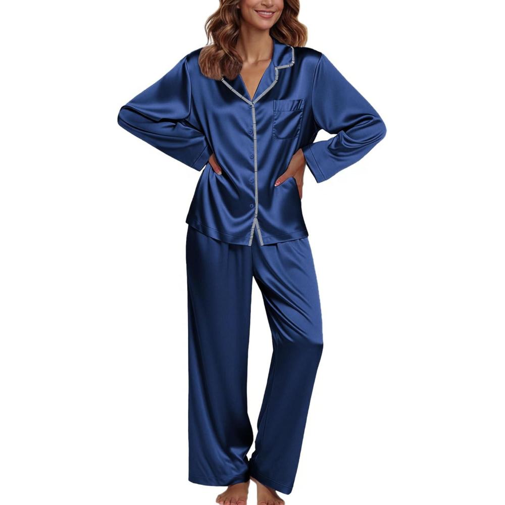 imageEkouaer Pajamas For Women Set Silk Pjs 2 Piece Satin Sleepwear Long Sleeve Button Down Lounge Sets With PantNavy Blue
