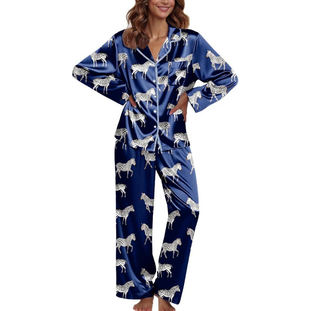 imageEkouaer Pajamas For Women Set Silk Pjs 2 Piece Satin Sleepwear Long Sleeve Button Down Lounge Sets With PantNavy With Zebra
