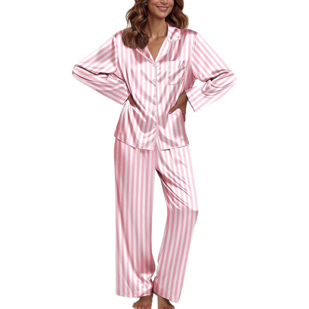 imageEkouaer Pajamas For Women Set Silk Pjs 2 Piece Satin Sleepwear Long Sleeve Button Down Lounge Sets With PantPink White Stripe