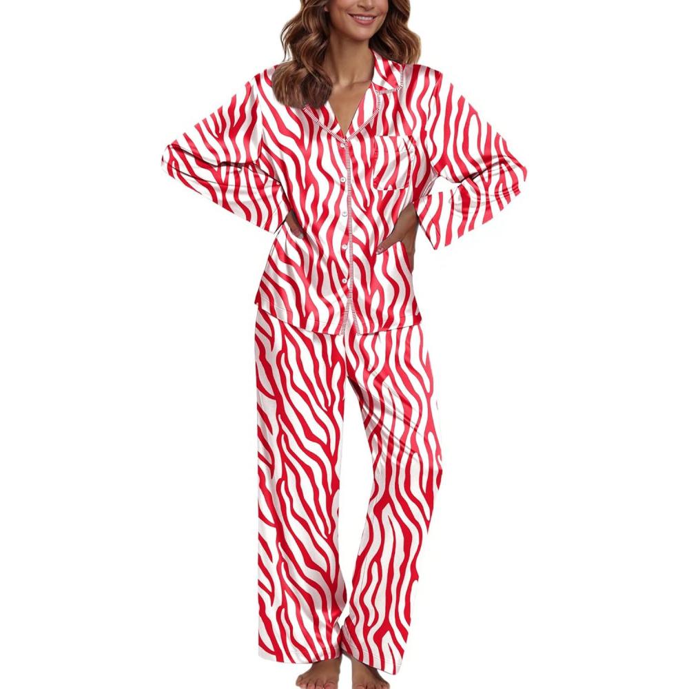 imageEkouaer Pajamas For Women Set Silk Pjs 2 Piece Satin Sleepwear Long Sleeve Button Down Lounge Sets With PantRed Zebra Print