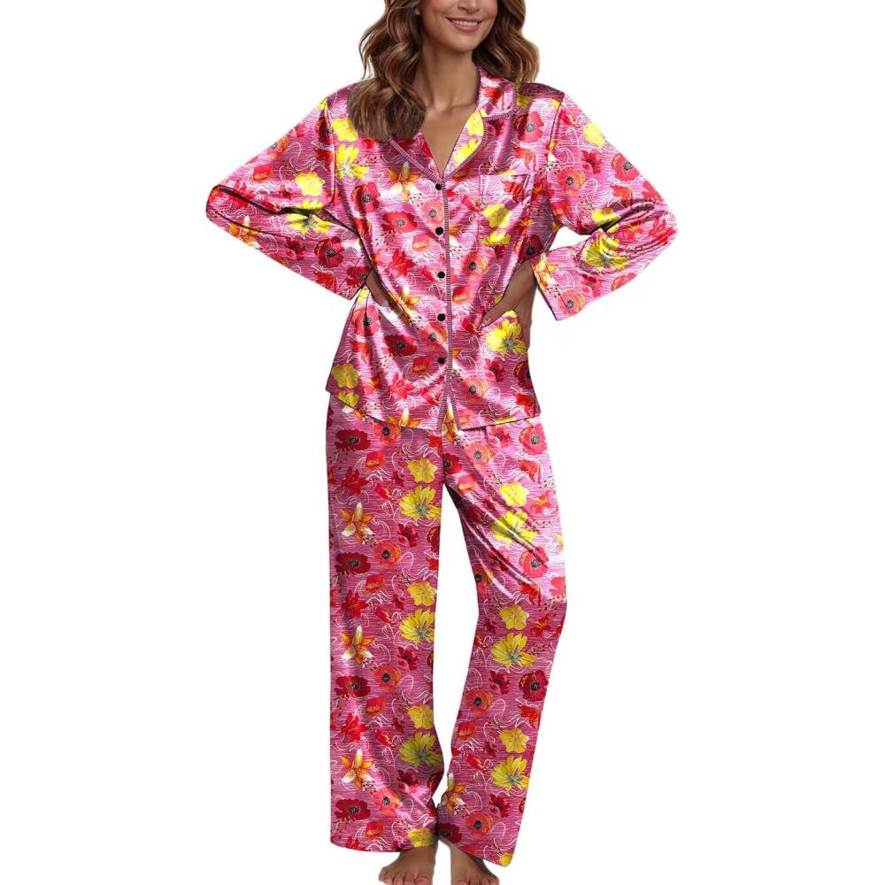 imageEkouaer Pajamas For Women Set Silk Pjs 2 Piece Satin Sleepwear Long Sleeve Button Down Lounge Sets With PantRose Red With Flower