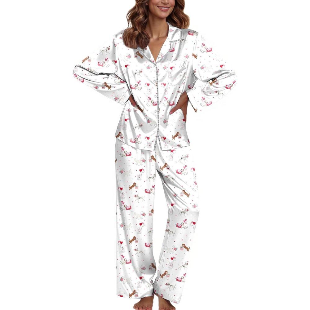 imageEkouaer Pajamas For Women Set Silk Pjs 2 Piece Satin Sleepwear Long Sleeve Button Down Lounge Sets With PantWhite Dog